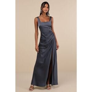 NWT Lulus Red Carpet Romance Dark Grey Satin Square Neck Maxi Dress Size S